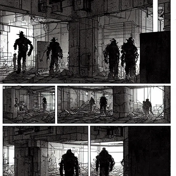 Prompt: miners wait to enter a tiny cubic building with one door. storyboard panel, scifi cyberpunk. by gabriel hardman, joe alves, chris bonura. cinematic atmosphere, detailed and intricate, perfect anatomy