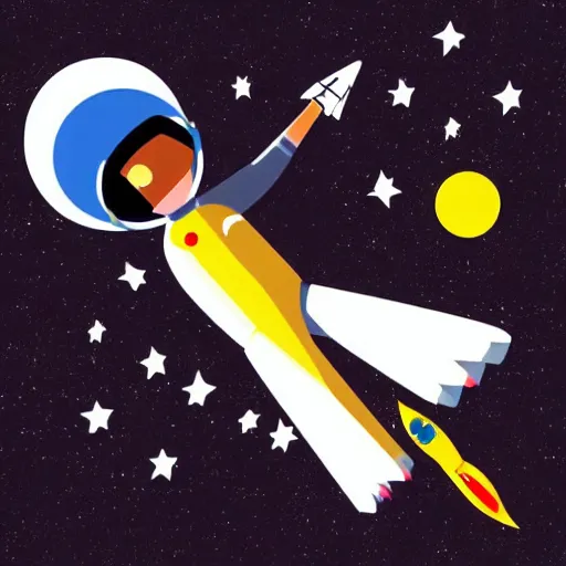Image similar to An astronaut in space riding on a rocket, in the style of hiroshi nagai