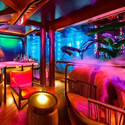 Prompt: architectural digest photo, inside dark and moody crowded futuristic tiki bar inside a yacht, tropical plants, blue lighting with small pastel orange and pink accent lights, crowd of cool people dancing, haze, volumetric fog, ray - tracing lighting and reflections