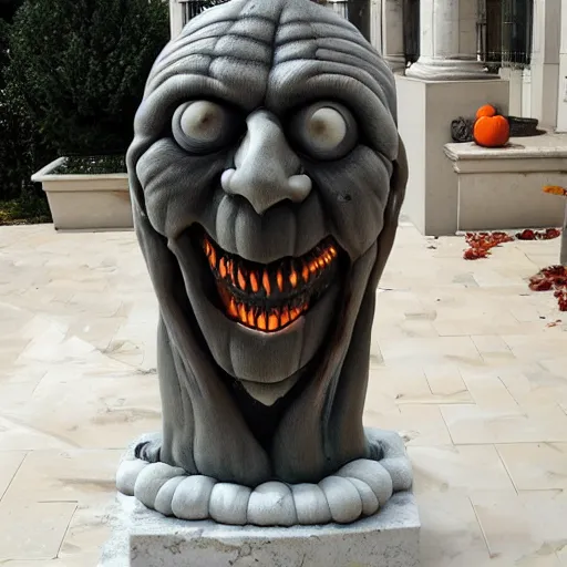 Prompt: epic statue of jack o lantern sculpted on acrylic flow marble with wax drops over his skin, realistic, volummetric light, by bernini