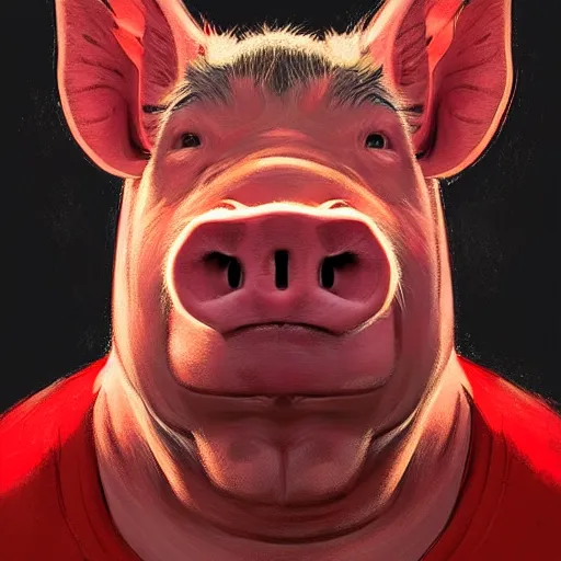 Image similar to portrait of a half man half pig with red shirt ,digital art,photorealistoc,art by greg rutkowski,hyperdetailed,western comic style,comic,comic style,sharp lineart,professional lighting,deviantart,artstation,trevor henderson,rossdtaws,cinematic,dramatic