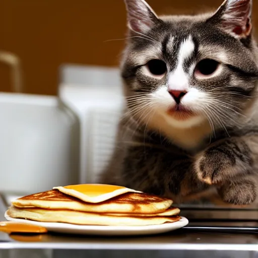 Image similar to a really cute cat eating pancakes on a microwave, photograph