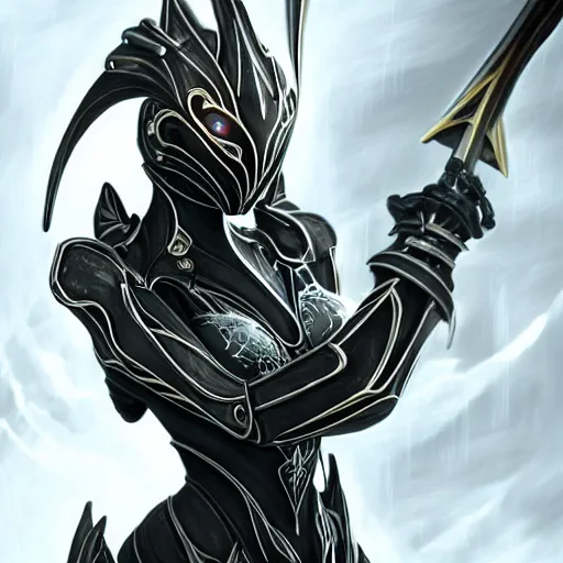 Image similar to highly detailed exquisite fanart, of a beautiful female warframe, but as an anthropomorphic robot dragon, matte black metal armor with white accents, close-up shot, a katana-like sword resting on her hip, epic cinematic shot, sharp claws for hands, professional digital art, high end digital art, singular, realistic, captura, DeviantArt, artstation, Furaffinity, 8k HD render