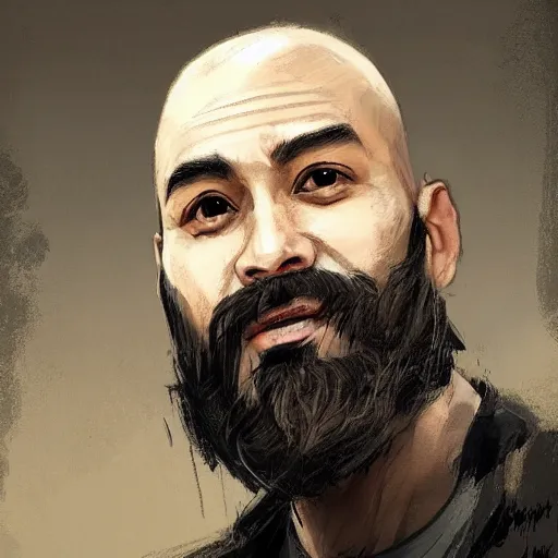 Image similar to portrait of a man by greg rutkowski, he is about 4 0 years old, mixture between vietnamese, persian and texan, bald with beard, very tall and slender, he is wearing a utilitarian jumpsuit, highly detailed portrait, digital painting, artstation, concept art, smooth, sharp foccus ilustration, artstation hq