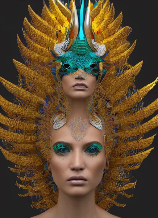 Image similar to 3 d goddess close - up profile portrait. beautiful intricate highly detailed mexican magpie helm and traditional mexican huipil! quetzalcoatl, stingray, bio luminescent, plasma, lava, ice, water, wind, stormy, creature, artwork by tooth wu and wlop and annie leibovitz, octane 3 d render