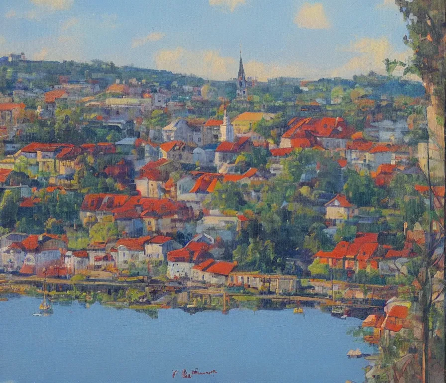 Image similar to beautiful view of a peaceful ukrainian town. art by isaac leitan and ivan shiskin, oil on canvas