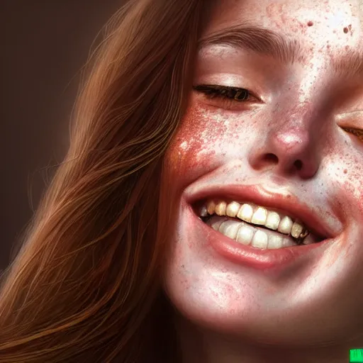 Prompt: beautiful hyperrealism hyperdetailed selfie of a cute young woman smiling softly, long light bronze brown hair, flushed face, red blush, light freckles, soft features, emerald green eyes, 8 k, sharp focus, art by irakli nadar