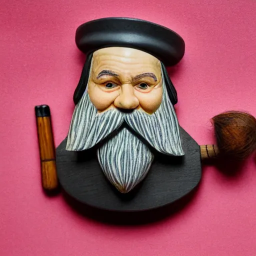 Image similar to a portrait of a wood-carved, painted, pastel colored, wooden, old-age, grumpy ship captain, white beard and mustache, pastel black uniform, tobacco pipe on his mouth, looking straight at the camera, children's toy, studio lighting, sharp