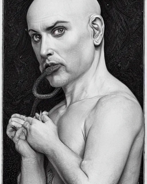 Image similar to portrait of a 4 0 - year - old bald character, male, with a white complexion, wide, cat - like scarlet eyes, a nose flat like a snake's nose, and a thin mouth, wearing in black clothes, hyper realistic face, beautiful eyes, fantasy art, in the style of greg rutkowski, intricate, alphonse mucha, hyper detailed, smooth