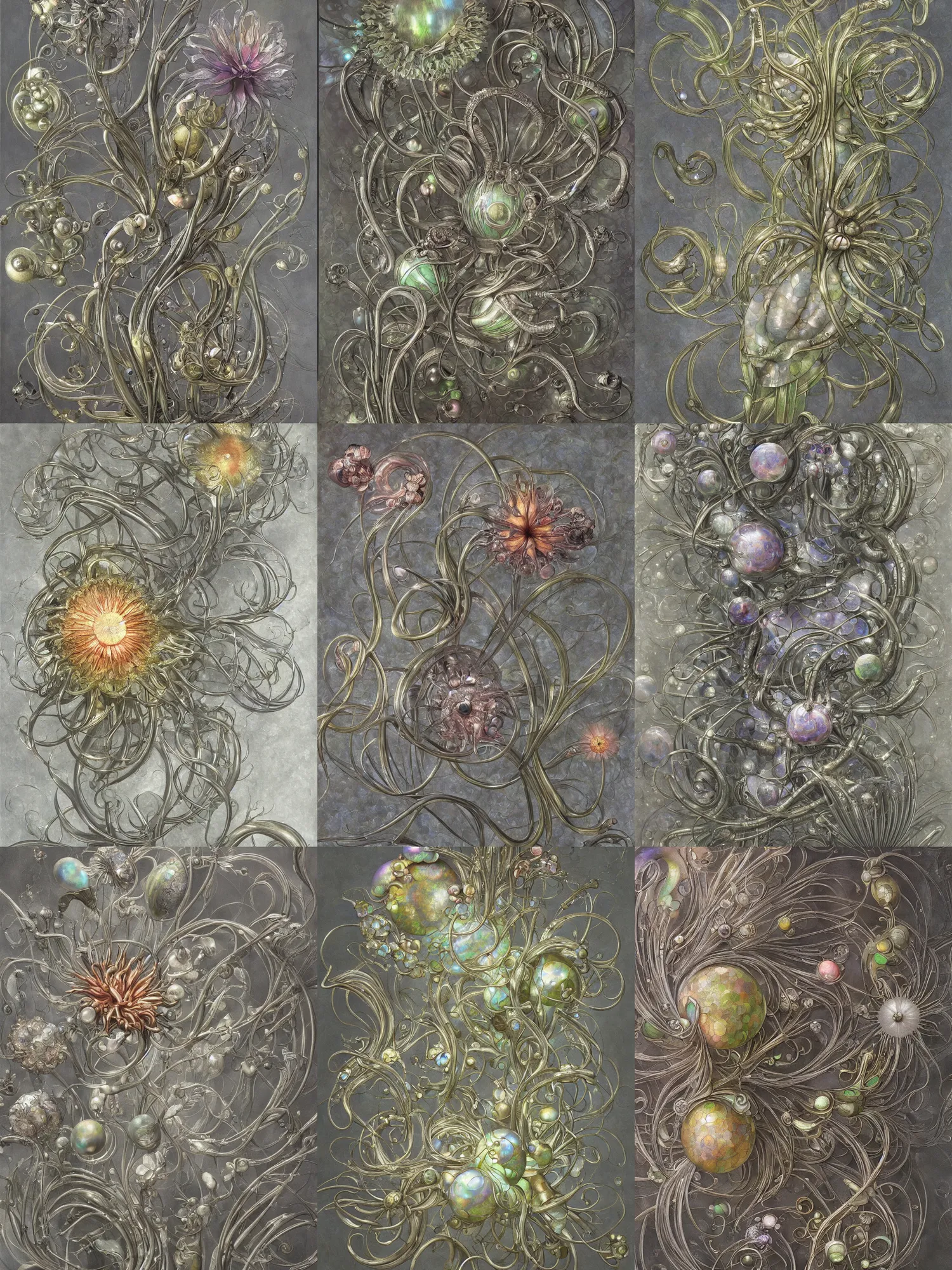 Prompt: a painting of a metallic flower on a gray background, an airbrush painting by Earnst Haeckel and Louis Comfort Tiffany and H R Giger, trending on zbrush central, cloisonnism, high detail, detailed painting, biomorphic, bubbles, opalescent, exotic, alien hybrids.
