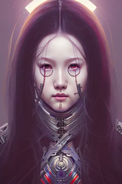 Image similar to portrait painting of olivia hye loona cyberpunk samurai smiling, ultra realistic, concept art, intricate details, eerie, highly detailed, photorealistic, octane render, 8 k, unreal engine. art by artgerm and greg rutkowski and magali villeneuve and alphonse mucha