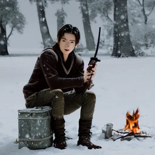 Image similar to a movie still from final fantasy live action, a traveler alone by the campfire in the snow