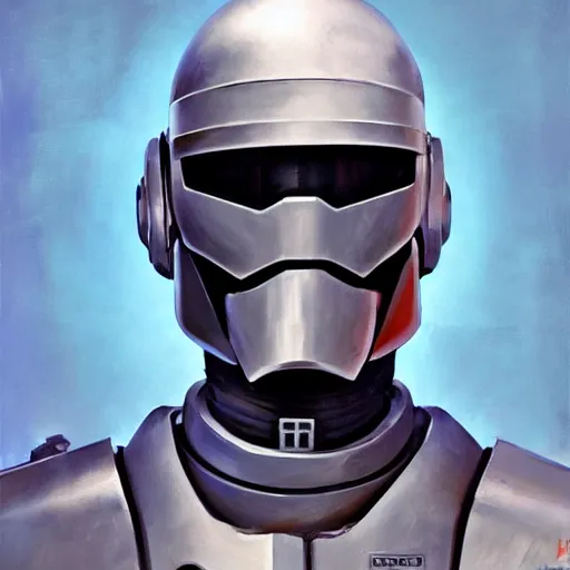 Image similar to greg manchess portrait painting of robocop as overwatch character, medium shot, asymmetrical, profile picture, organic painting, sunny day, matte painting, bold shapes, hard edges, street art, trending on artstation, by huang guangjian and gil elvgren and sachin teng