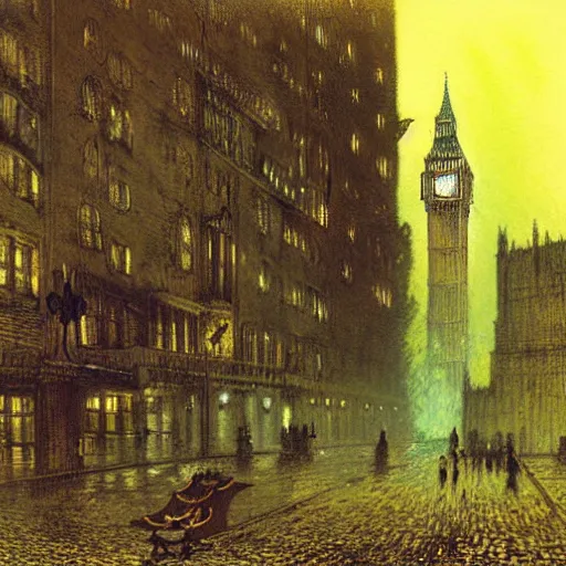 Prompt: London during an air raid, artwork by John Atkinson Grimshaw