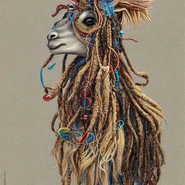 Prompt: llama with dreadlocks, by otomo katsuhiro, by mandy jurgens, ernst haeckel, james jean