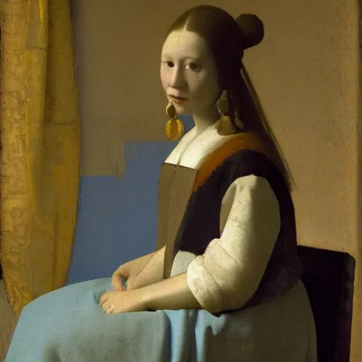 Image similar to A portrait created by Johannes Vermeer of a young woman, delicate and serene, in muted colors.