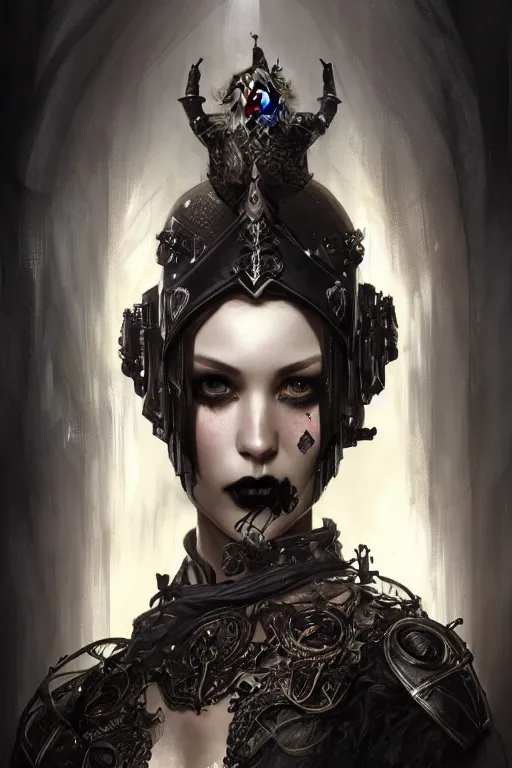 Image similar to beautiful and gothic and evil and luxury and dieselpunk young medieval female knight portrait +smoky eyes+front face with light flowing hair, ultradetail face, art and illustration by tian zi and craig mullins and WLOP and alphonse mucha, fantasy, intricate complexity, human structure, human anatomy, fantasy character concept, watermark, blurry, hyperrealism 8k