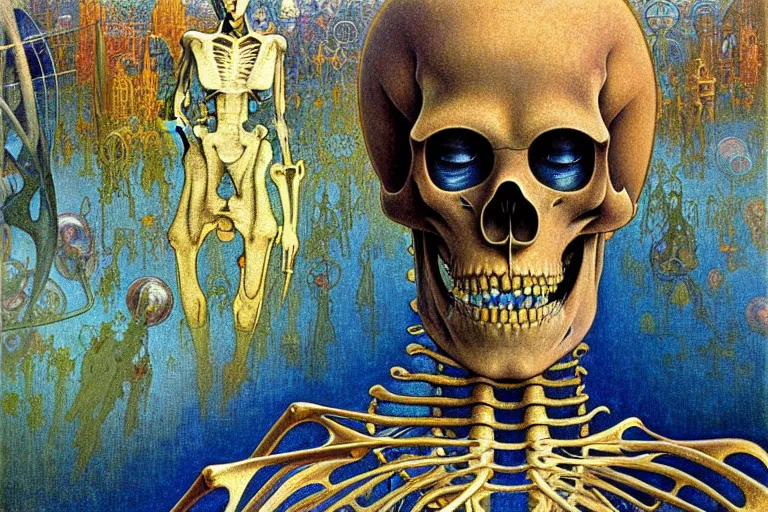 Image similar to realistic detailed closeup portrait painting of a single skeleton wearing a cape in a crowded futuristic moscow street by Jean Delville, Amano, Yves Tanguy, Alphonse Mucha, Ernst Haeckel, Edward Robert Hughes, Roger Dean, rich moody colours, blue eyes