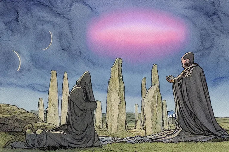 Image similar to a realistic and atmospheric watercolour fantasy concept art of a ufo landing in a floating stonehenge. medieval monk in grey robes is on his knees praying. a large crescent moon in the sky. muted colors. by rebecca guay, michael kaluta, charles vess and jean moebius giraud
