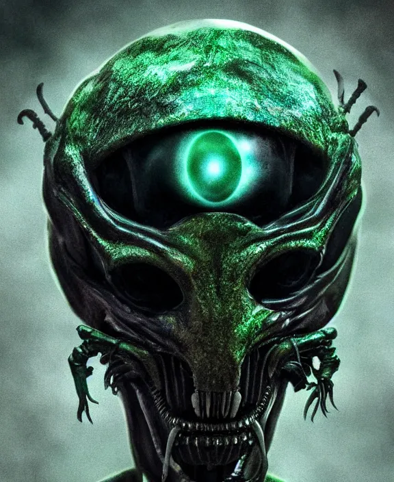 Image similar to xenomorph borg queen goth model skull eyes hybrid, dragon eggs, dark emerald mist colors, giger background liminal void, cinematic lighting, realistic, award winning photograph, various refining methods, micro macro autofocus