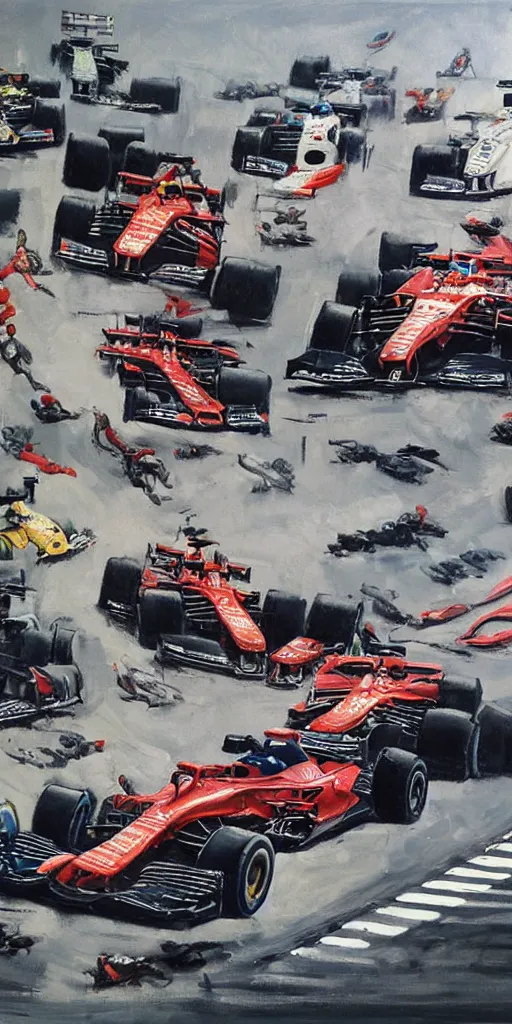 Image similar to oil painting scene from f1 racing by kim jung gi