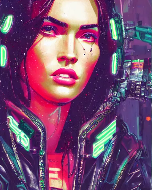 Image similar to detailed portrait Megan Fox Neon Operator Girl, cyberpunk futuristic neon, reflective puffy coat, decorated with traditional Japanese ornaments by Ismail inceoglu dragan bibin hans thoma greg rutkowski Alexandros Pyromallis Nekro Rene Maritte Illustrated, Perfect face, fine details, realistic shaded, fine-face, pretty face