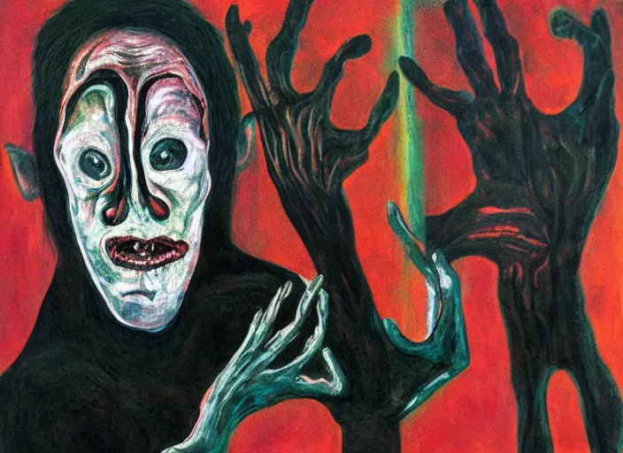 Prompt: black clothes, white eyes, long arms, skin disease, grotesque, doomed, acrylic paint, high resolution gouache on canvas, ugly vibrant colors, grotesque, wrapped thermal background, art francis bacon