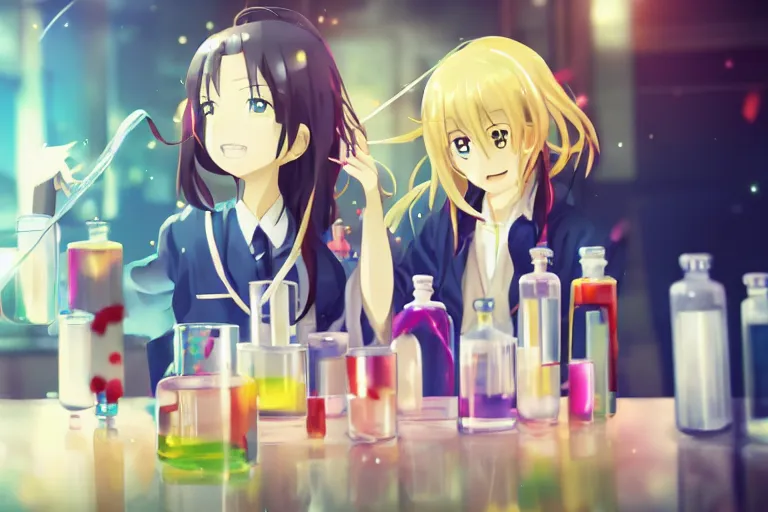 Image similar to anime girls mixing chemicals in a lab. pixiv, by makoto shinkai, fantastic, bokeh, animated, vivid colors