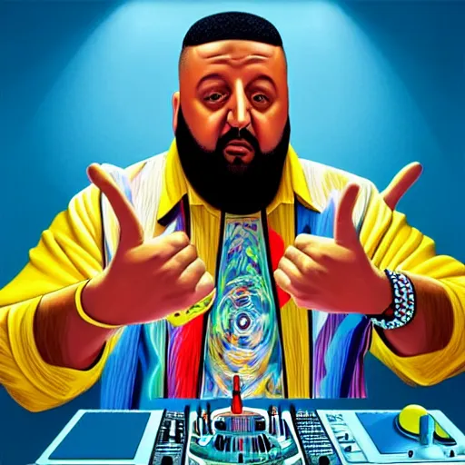 Image similar to ultra realistic portrait of dj khaled in a studio, ultra detailed, under blue, red and yellow cinematic lighting, salvador dali, cartoon, monument valley, escher