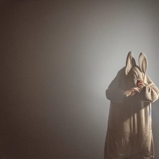Prompt: Man with a rabbit costume in the attic, dark, shadows, night, 8k Photography