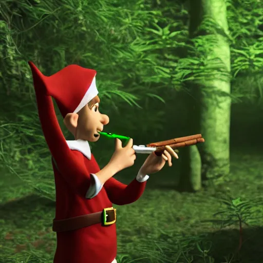 Prompt: 3d render of an elf smoking pipe weed in a dense forest. Unreal engine, nvidia, extremely detailed, sharp