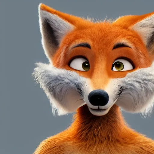 Prompt: upper half portrait of a anthropomorphic female fox with short white fur covering her body in the style of zootopia, top down view, centered on face, completely white
