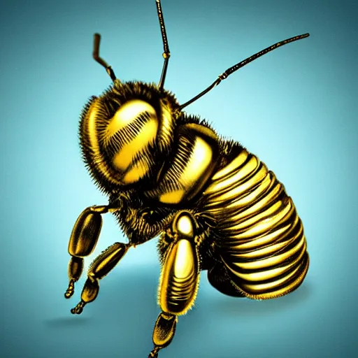 Image similar to cybernetic bees made of metal, mechanical, shiny