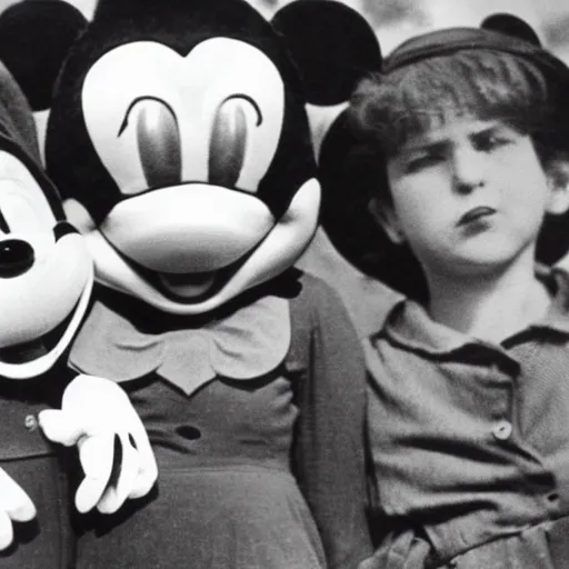 Prompt: depression - era photograph of mickey mouse and minnie mouse in the style of dorothea lange