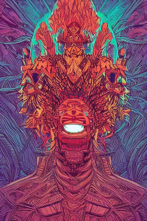 Image similar to totem animal tribal chaman vodoo mask feather gemstone plant video game illustration vivid color borderlands and by feng zhu and laurie greasley, victo ngai, andreas rocha, john harris radiating a glowing aura