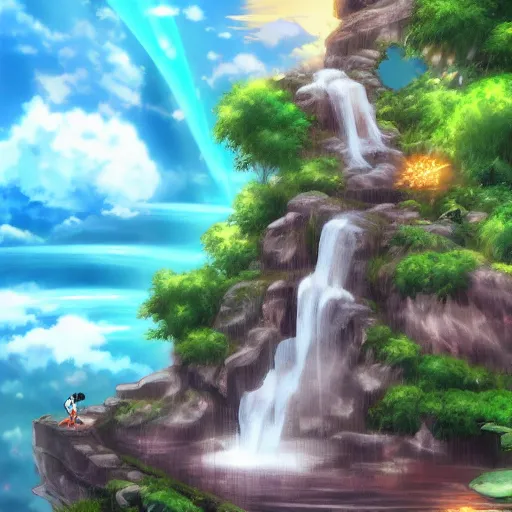 Floating island in the sky with waterfalls flowing off it, clouds, anime  background artwork in the style of studio ghibli, by hayao miyazaki,  intricately detailed matte painting on Craiyon