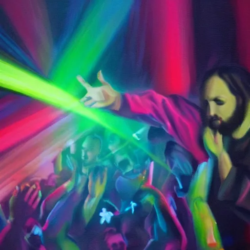 Prompt: oil painting of Jesus dancing drunk at a club, RGB floor, lasers, motion blur