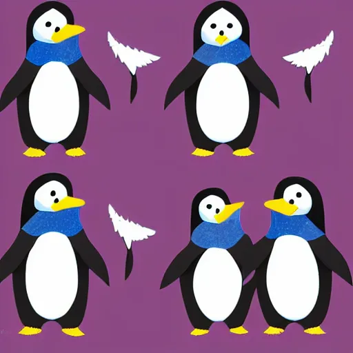 Prompt: A children's cartoon illustration using blues and purples, of a penguin family, a mom penguin, dad penguin, an older sister penguin and a baby brother penguin, highly detailed