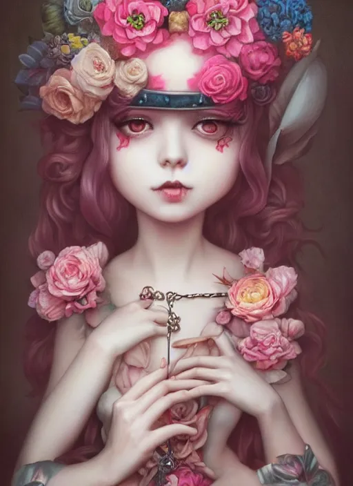 Prompt: pop surrealism, lowbrow art, realistic cute alice girl painting, pink bdy harness with flowers, japanese street fashion, hyper realism, muted colours, rococo, natalie shau, loreta lux, tom bagshaw, mark ryden, trevor brown style,