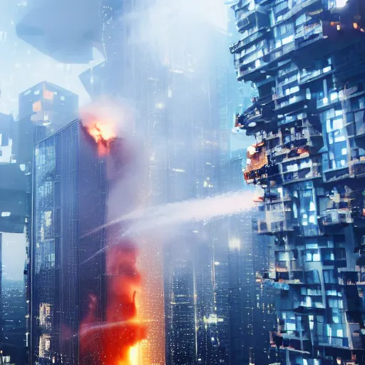 Prompt: explosion on militech skyscraper, bottom viev, ultra realistic, 4 k, cyberpunk, focus on explosion