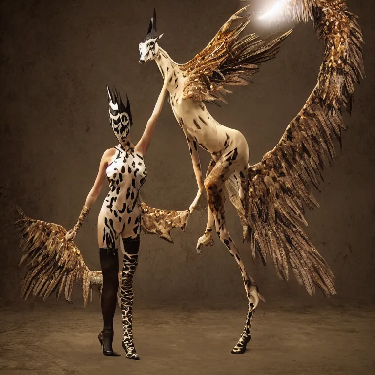 Image similar to a bird giraffe with long spiked wings, jaguar legs and a latex costume , cinematic lighting, photorealistic image, 8k, ultra detailed, high resolution,