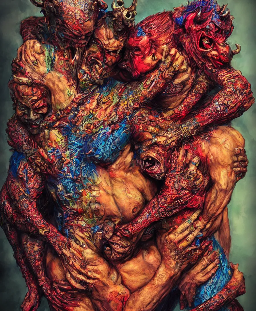 Image similar to devil holding a person, colorful, intricate, ultra detailed, photorealistic, trending on artstation