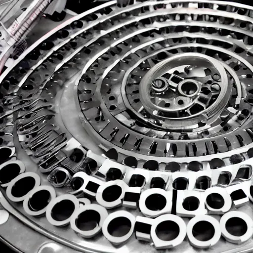 Prompt: knolling of parts from alien warp drive engine