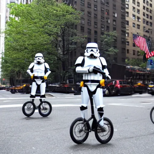 Image similar to several stormtroopers riding unicycles on Park Ave in New York City, 4k photography