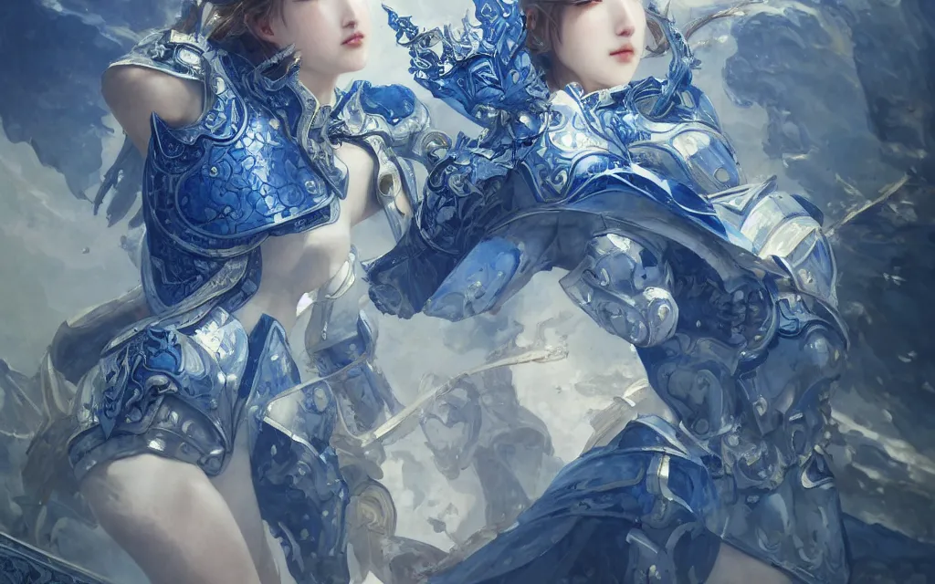 Image similar to knights of zodiac girl, chinese blue and white porcelain reflected armor, fight cinematic shot, in ruined agora of athens, ssci - fi and fantasy, intricate and very very beautiful and elegant, highly detailed, digital painting, artstation, concept art, smooth and sharp focus, illustration, art by tian zi and wlop and alphonse mucha