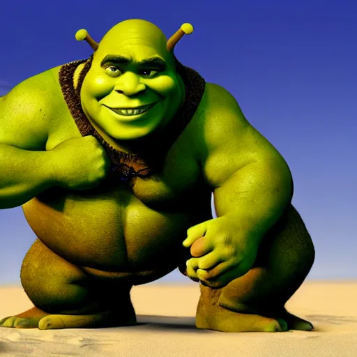 Image similar to shrek as an oily body builder at the beach, 4k, high detail, high-resolution photograph, professional photography, ultra-detail