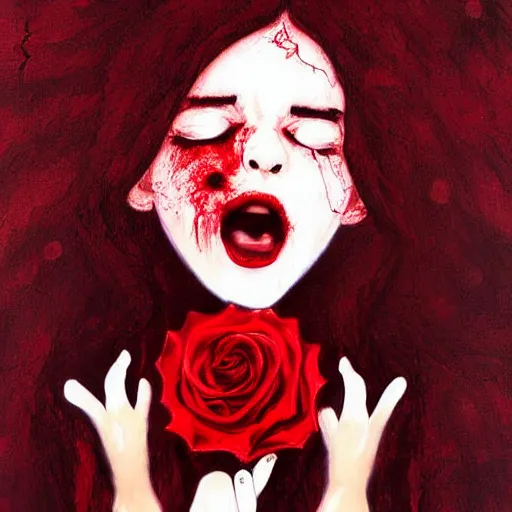 Image similar to extrem mad girl with extrem anger screams into the void to release her anger in her hamd she holds a rose, high detail painting in dark red colors by Mamoru Kanbe