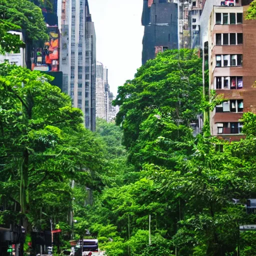 Image similar to Manhattan NYC in the middle of the lush green Amazon rainforest after a torrential downpour