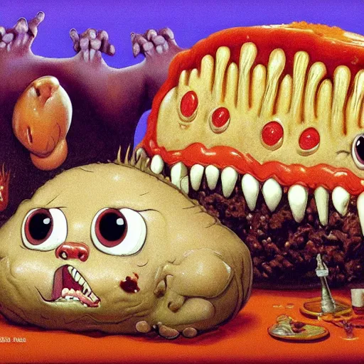 Image similar to big chungus big eyes wide open, horrific sentient meatloaf, holding meatloaf, sloppy, gross, meatloaf, hyper realistic, terrifying, disturbing, strange, bizarre, masterpiece, meatloaf is everywhere, ground beef bloody, liquid, 4 k, vivid colors, elegant, highly detailed, john park, frazetta, john howe, ruan jia, jeffrey catherine jones