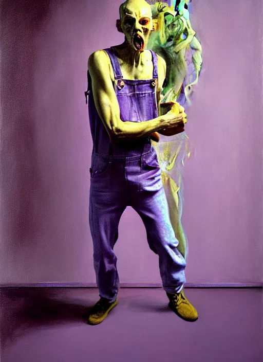 Prompt: an expressive skinny artist wearing overalls physically fighting with a ghost, inside a grand studio, depth of field, hauntingly surreal, highly detailed oil painting, by francis bacon, edward hopper, adrian ghenie, glenn brown, soft light 4 k, purple and blue colour palette, cinematic composition, cinematic lighting, high quality octane render, masterpiece